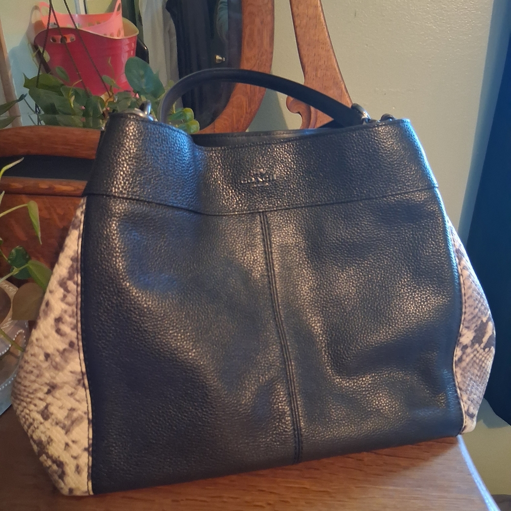 Coach Hallie Black and Snake Print Shoulder Bag